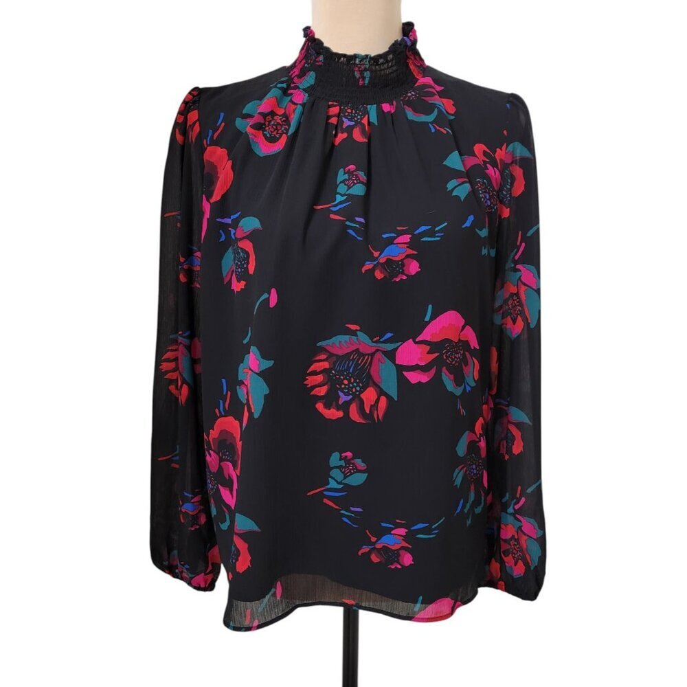 J. Crew Size S Black Floral Long Sleeve Smocked Mock Neck Blouse, Exc. Used Cond